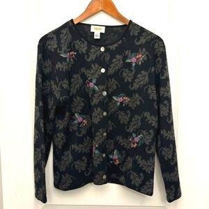 Talbots Petites Wool Blend Embroidered Holiday Leaf Cardigan Medium Black Gray